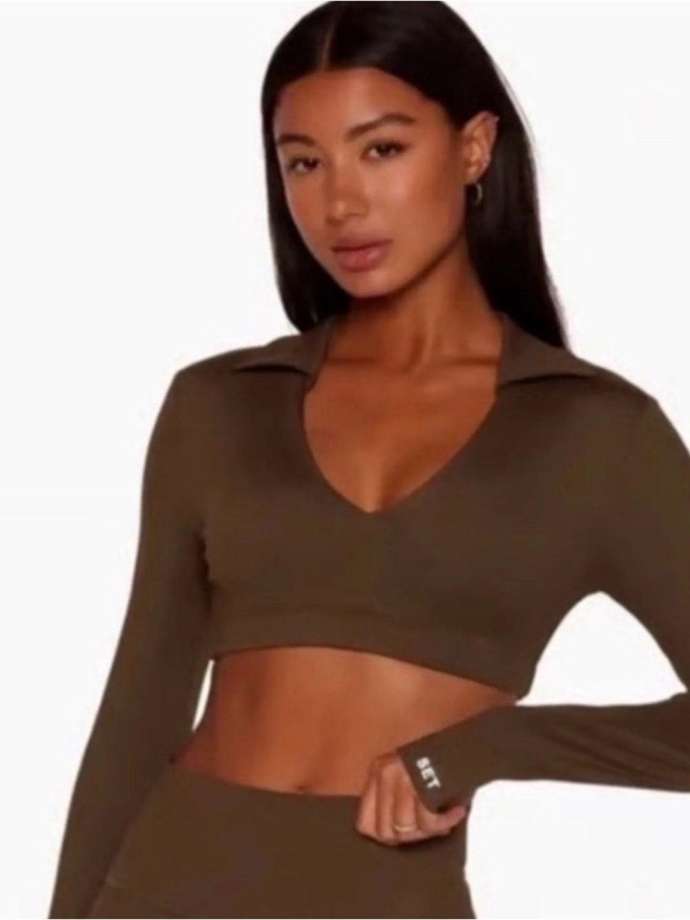 SET Active Olive Brown Long-Sleeve V-Neck Cropped Top